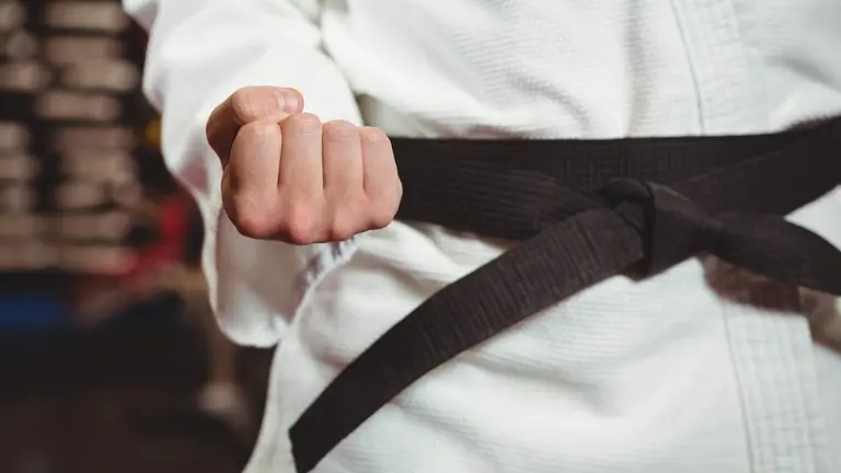 Mid section of karate player performing karate stance in fitness studio